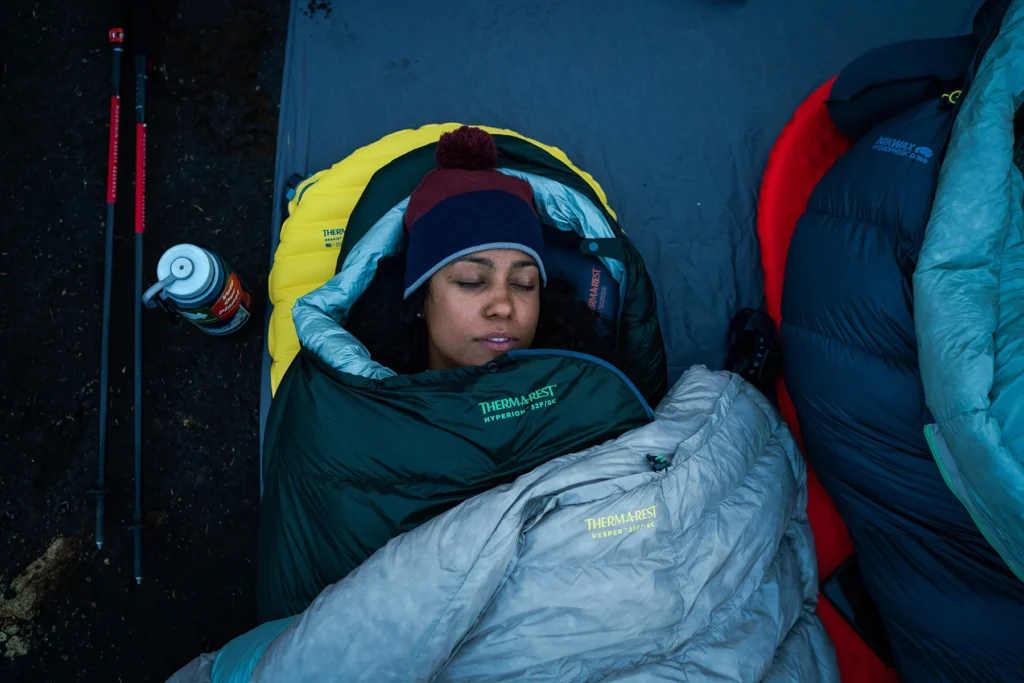 Woman Sleeping in Therm-a-Rest mummy bag